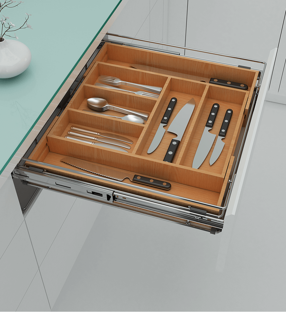 Adjustable Wood Cutlery Organizer Insert for Drawer Basket and Tandem Drawer